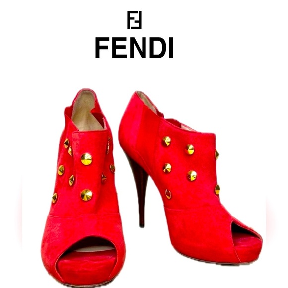 FENDI Red Studded Suede Platform Ankle heels boots, Size 36 US 5.5 - Picture 1 of 13